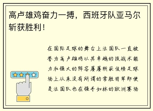 高卢雄鸡奋力一搏，西班牙队亚马尔斩获胜利！